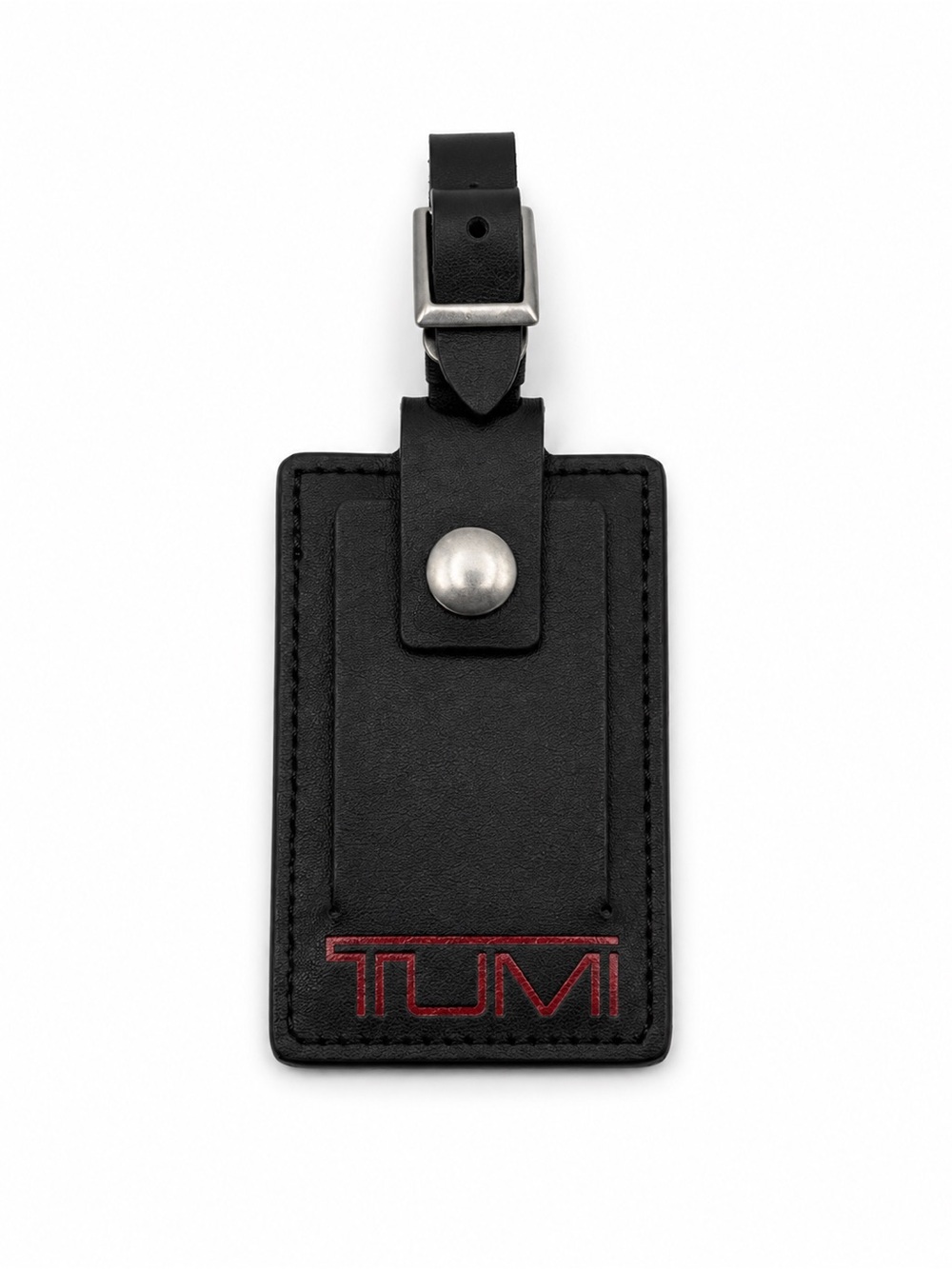 Tumi Black Leather Luggage Tag with Red Logo Accent